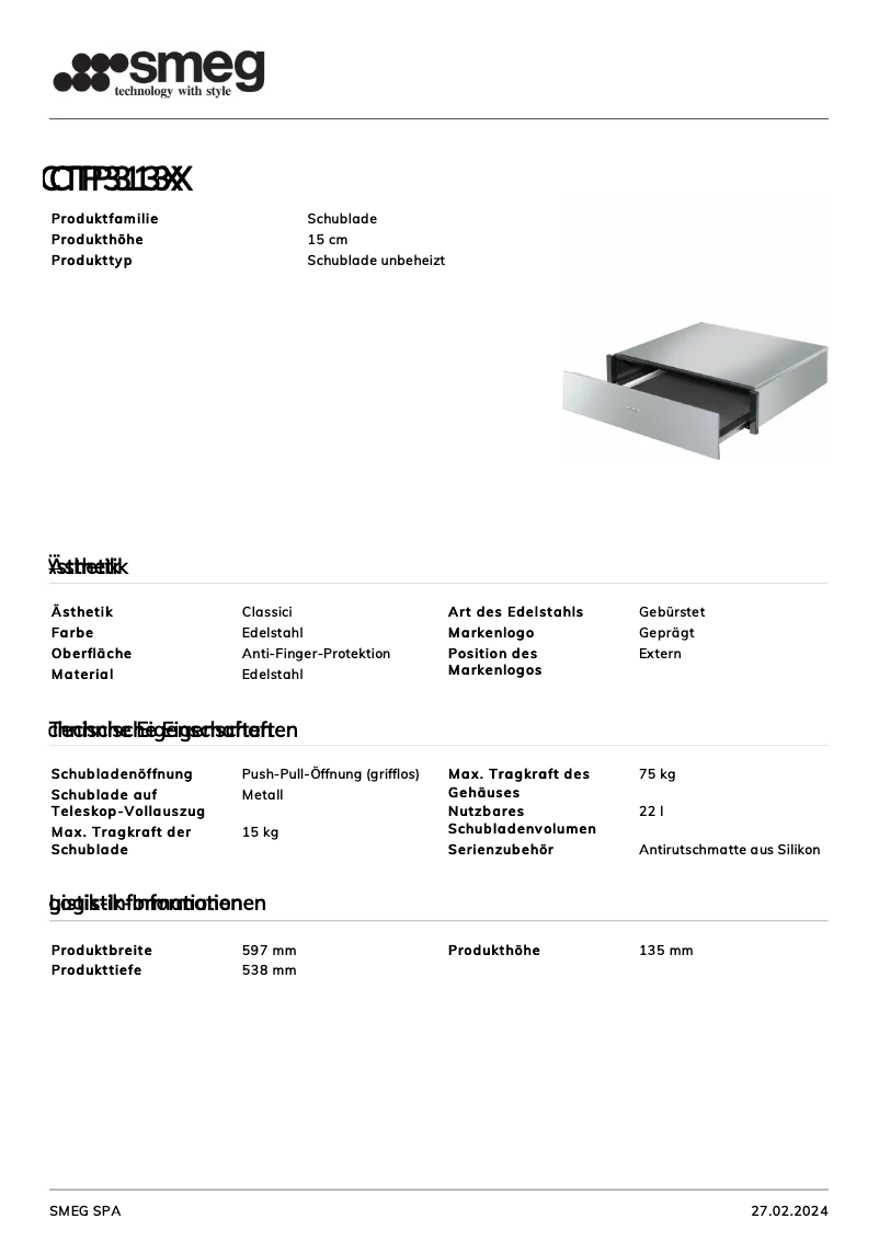 Page 1 of the manual Technical Sheet Smeg CTP313X