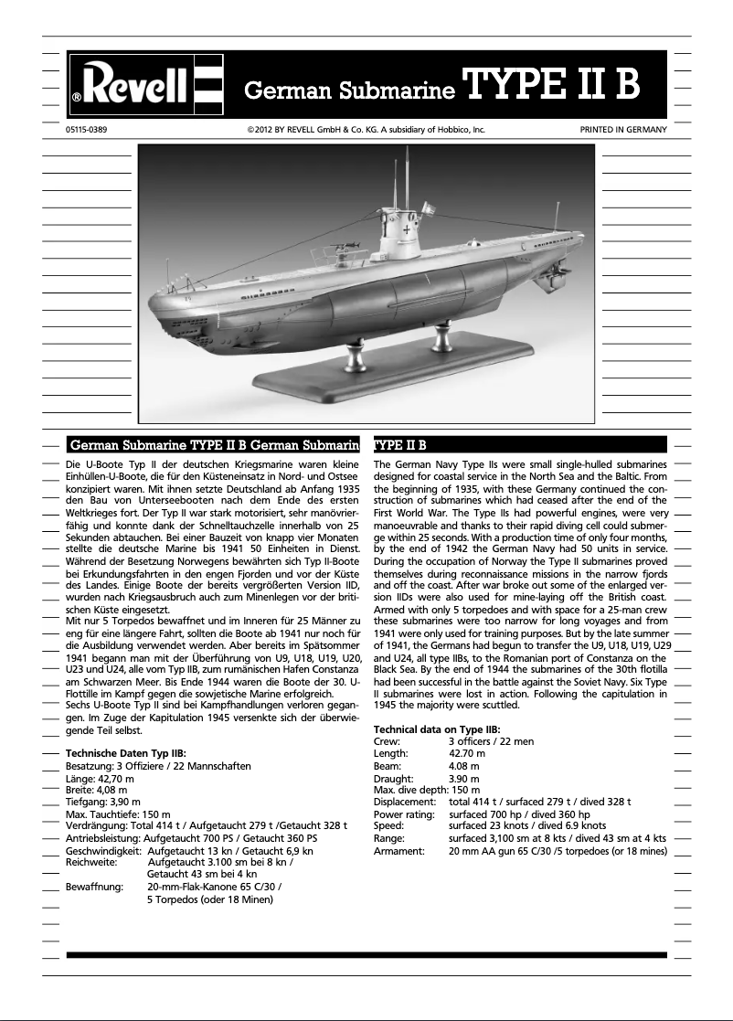 First page image of the manual for U-boat Type IIB