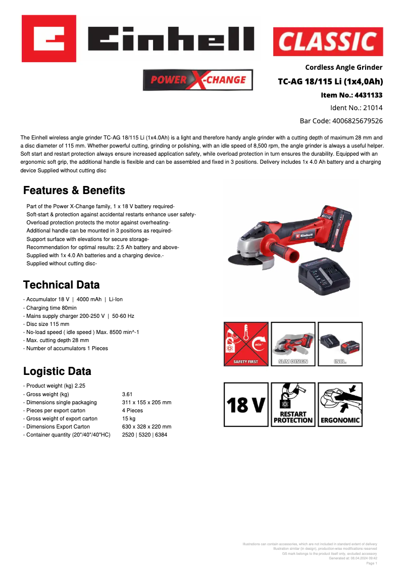 Page 1 of the manual Technical Sheet Einhell TC-AG 18/115 Li
