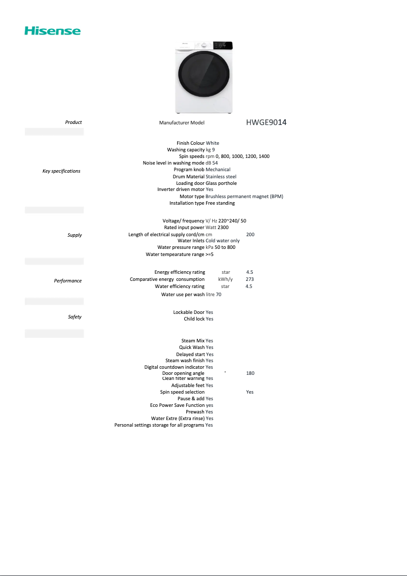 Page 1 of the manual Technical Sheet Hisense HWGE9014