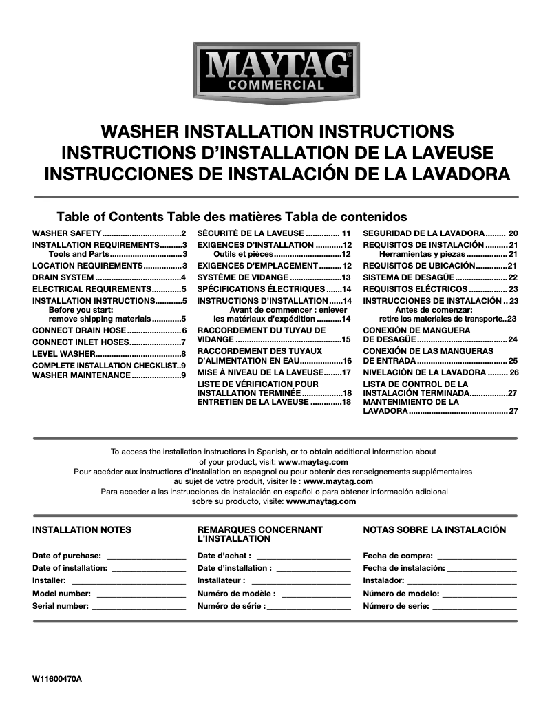 Page 1 of the manual Installation Guide Maytag MVWP586GW