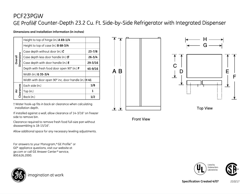 Page 1 of the manual Technical Sheet GE Profile PCF23PGWBB