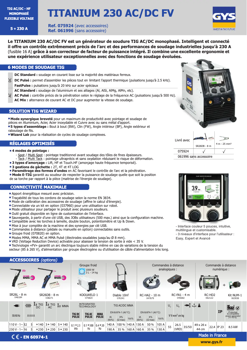 Page 1 of the manual Technical Sheet GYS Titanium 230 AC/DC