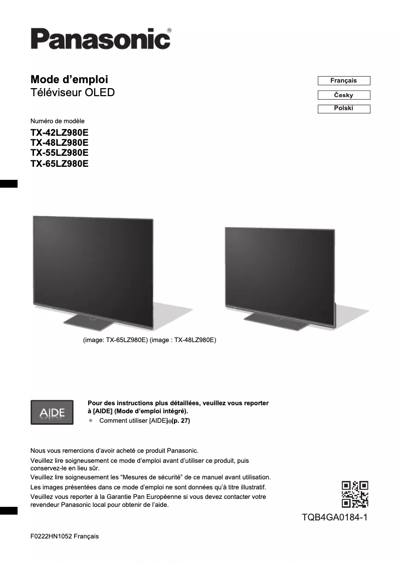 Page 1 of the manual Quick Start Guide Panasonic TX-42LZ980E