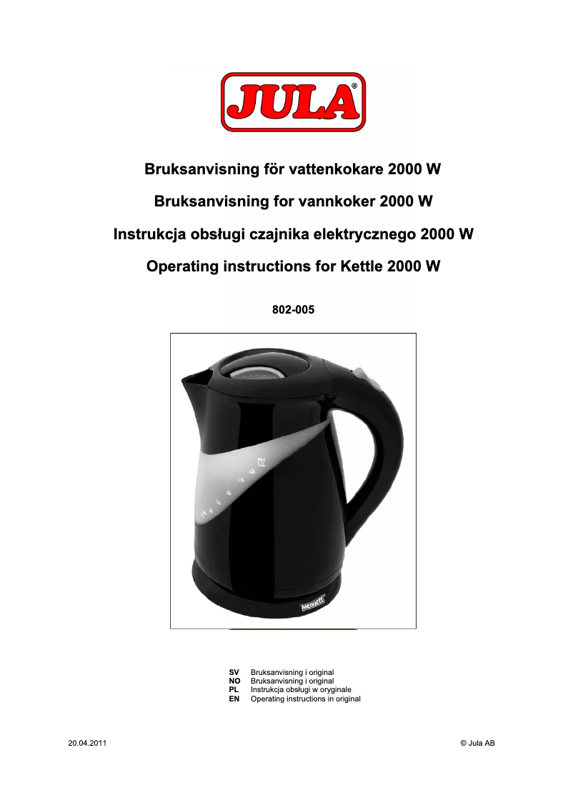 Page 1 of the manual User Manual Menuett 802-005