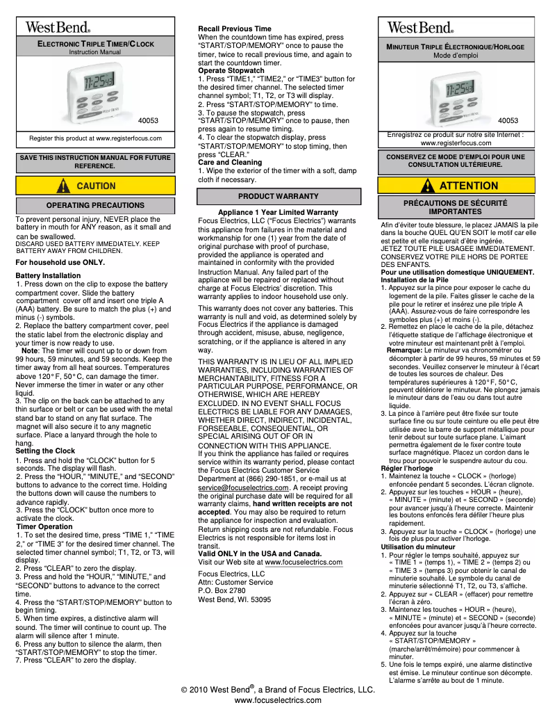 Page 1 of the manual User Manual Focus Electrics 40053