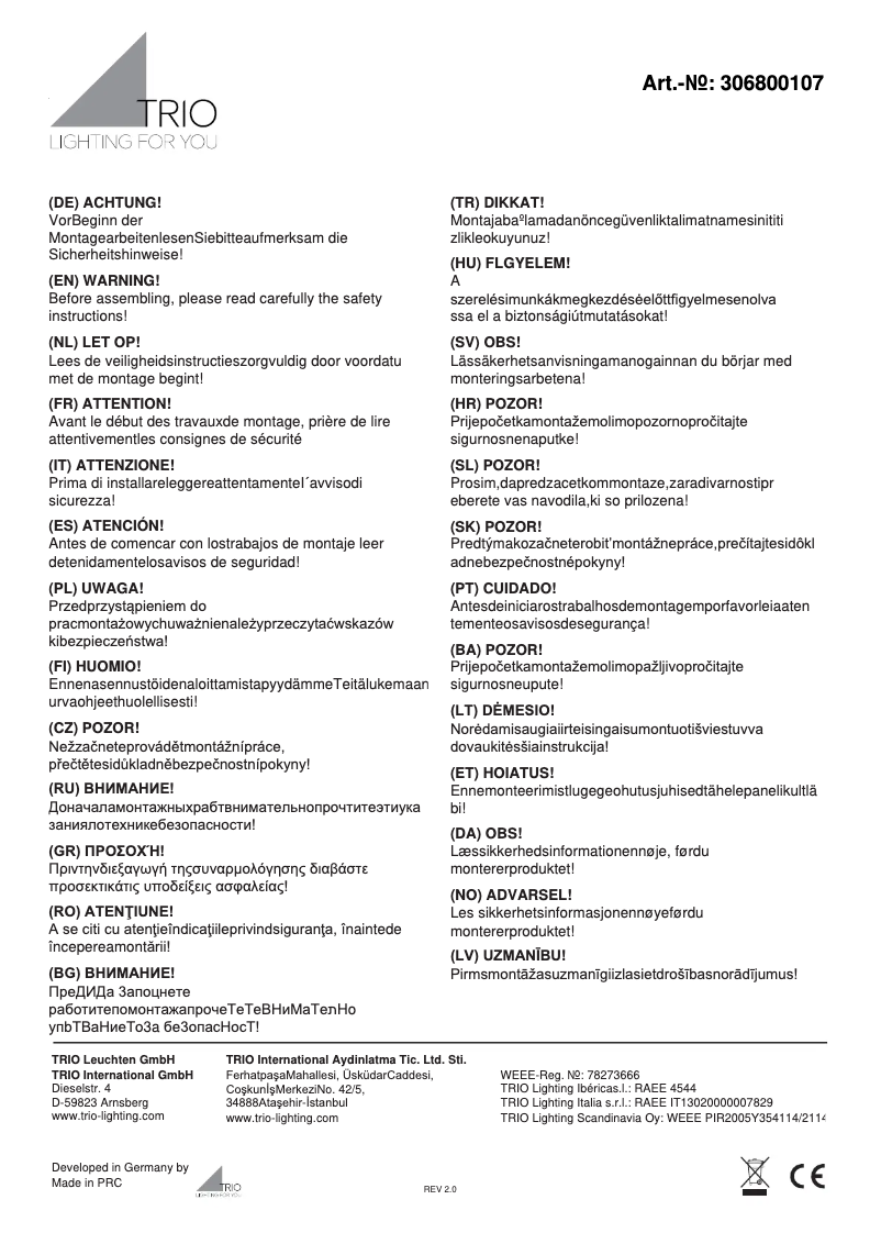 Page 1 of the manual User Manual Trio Lighting Meran 306800107