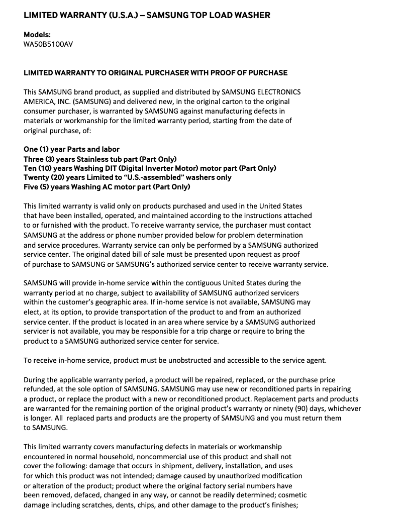 Page 1 of the manual Warranty Information Samsung WA50B5100AV