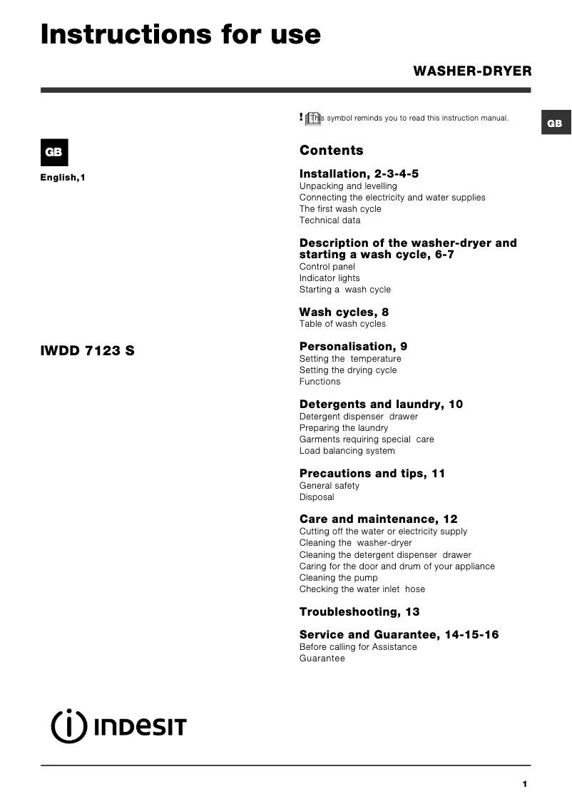 Page 1 of the manual User Manual Indesit IWDD 7123