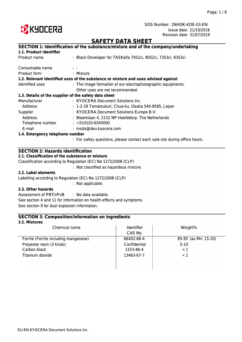 Page 1 of the manual Safety Instructions Kyocera TASKalfa 8052ci