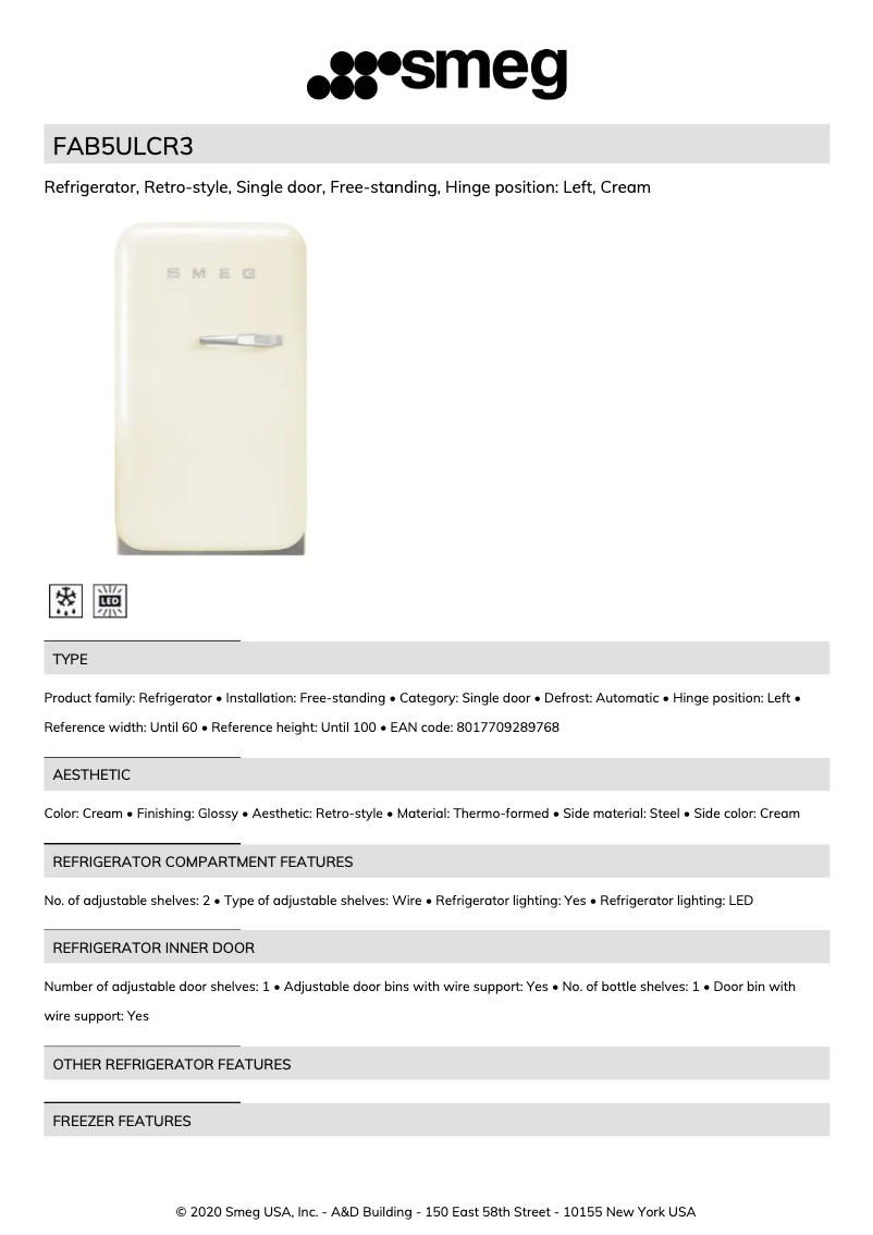 Page 1 of the manual Technical Sheet Smeg FAB5ULCR3