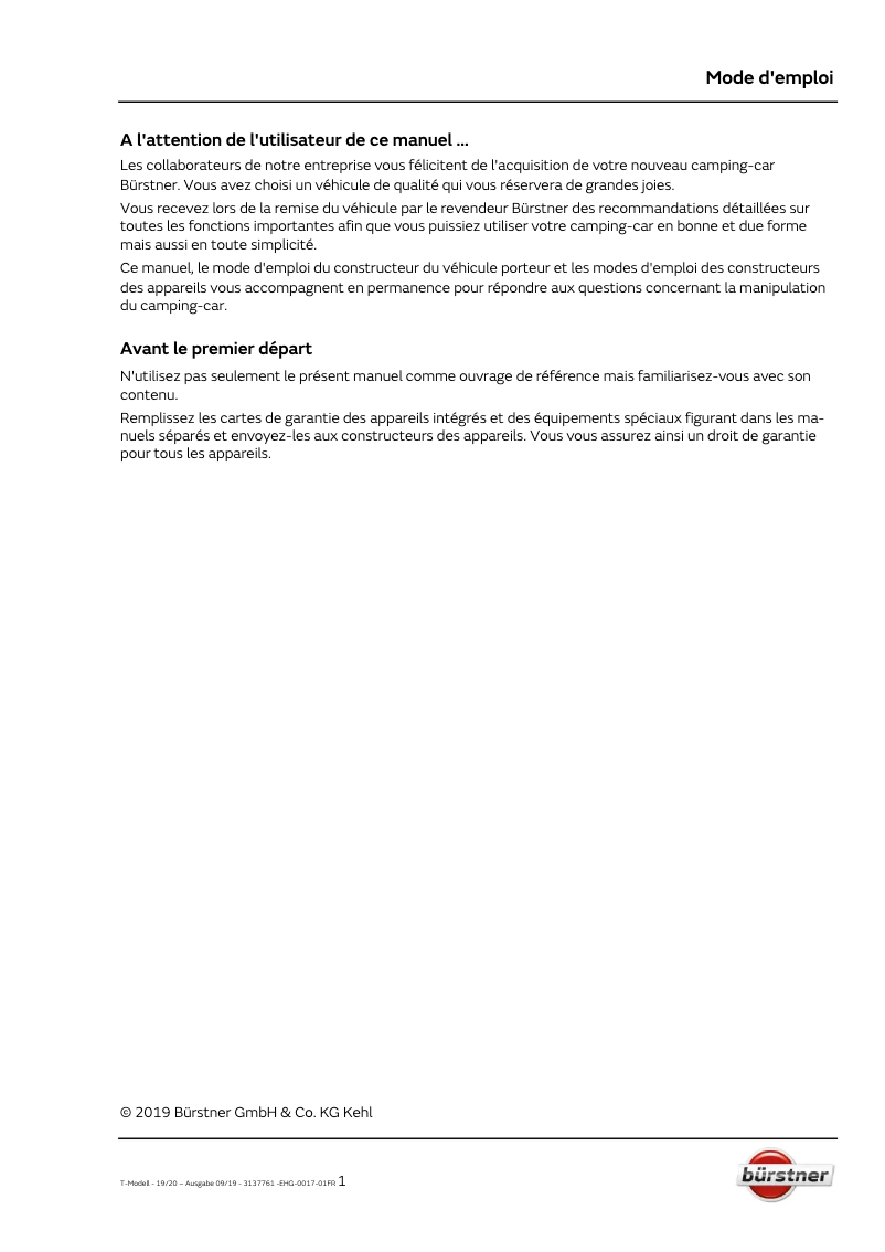 Page 1 of the manual User Manual Bürstner Lyseo TD Limited (2020)