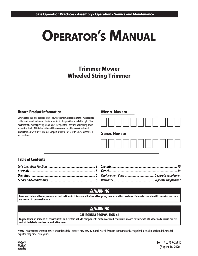 Page 1 of the manual User Manual Troy-Bilt TB22TM