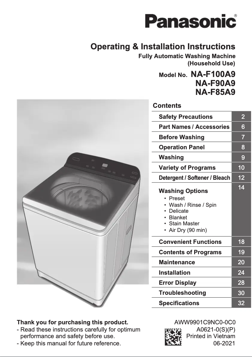 Page 1 of the manual User Manual Panasonic NA-F85A9