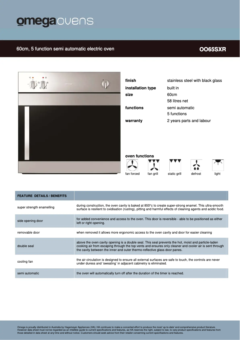 Page 1 of the manual Technical Sheet Omega OO65SXR