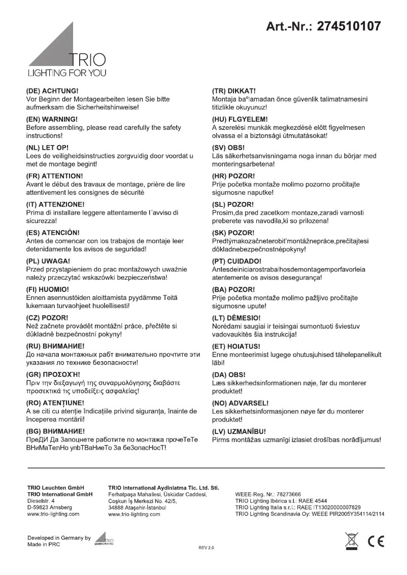 Page 1 of the manual User Manual Trio Lighting Subara 274510107