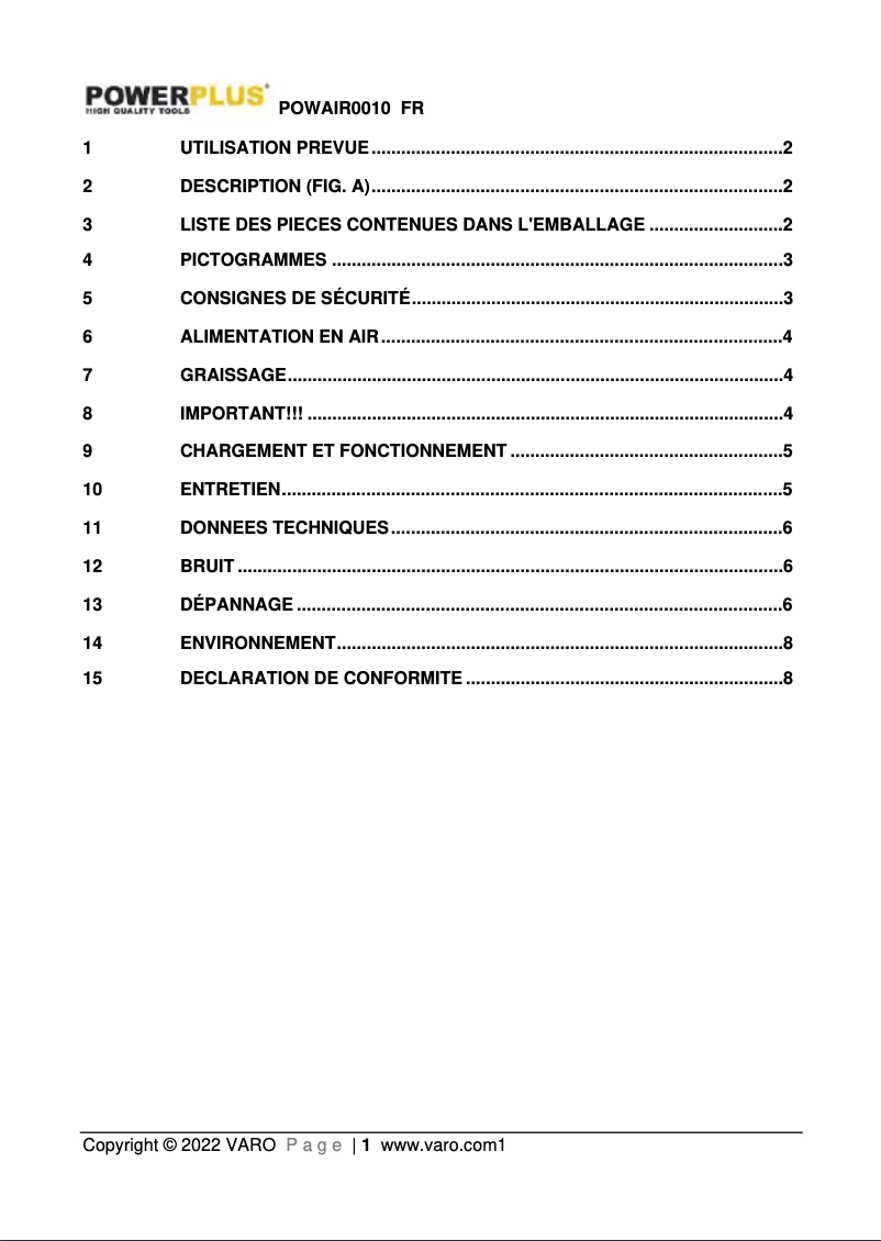 First page image of the manual for POWAIR0010