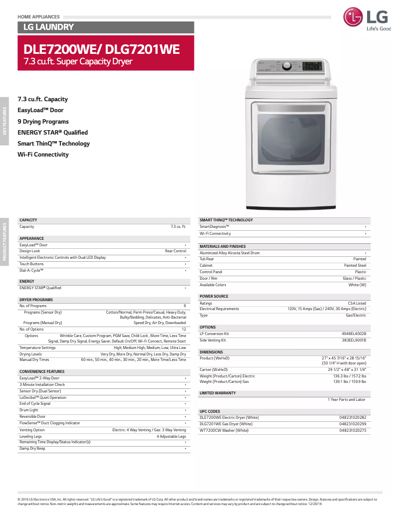 Page 1 of the manual Technical Sheet LG D7201