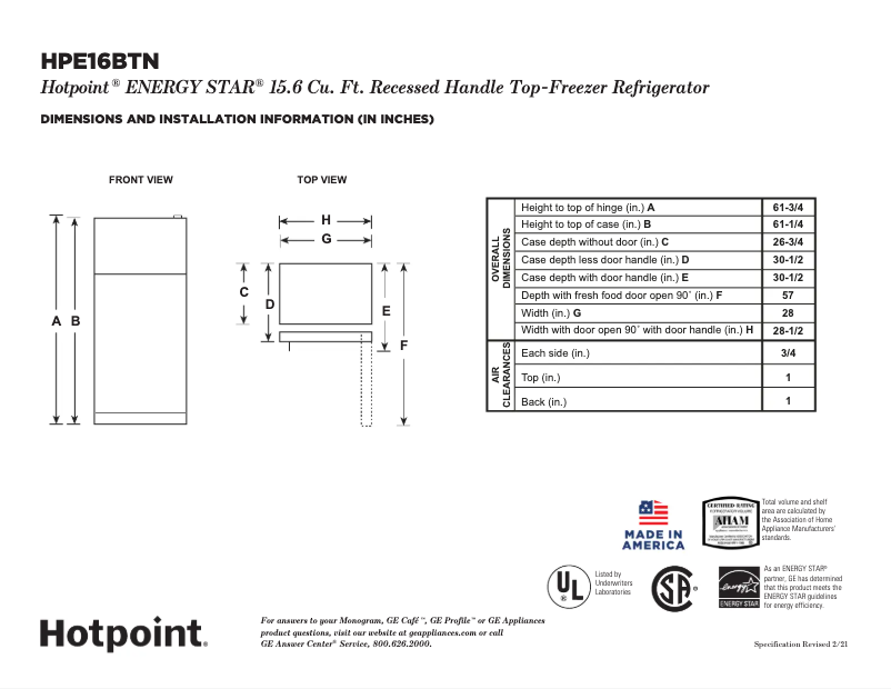 Page 1 of the manual Technical Sheet Hotpoint HPE16BTNLWW
