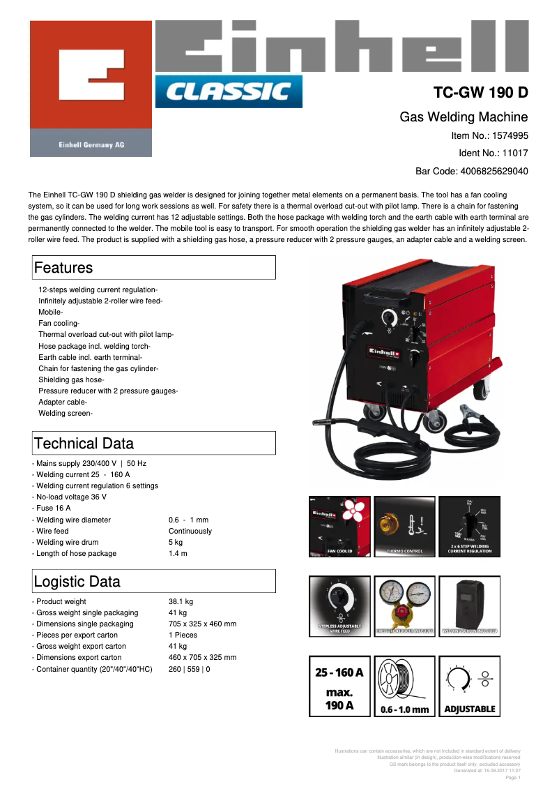 Page 1 of the manual Technical Sheet Einhell TC-GW 190 D