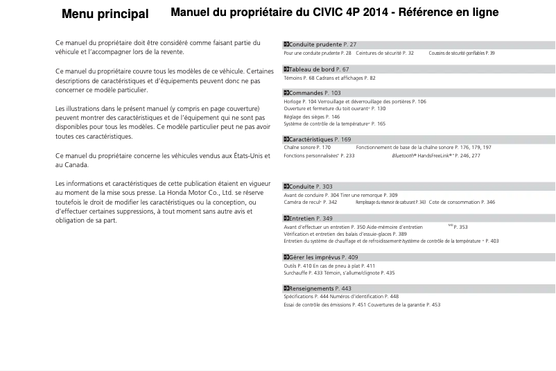 First page image of the manual for Civic (2014)