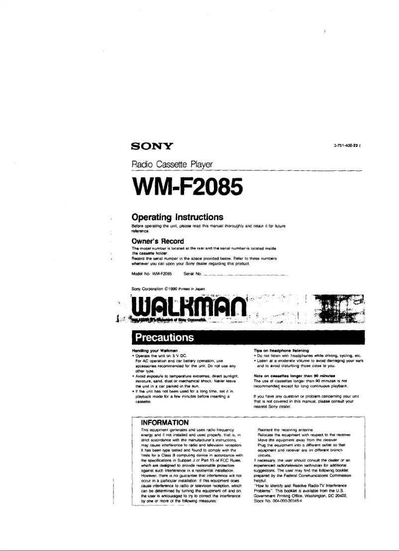 First page image of the manual for Walkman WM-F2085