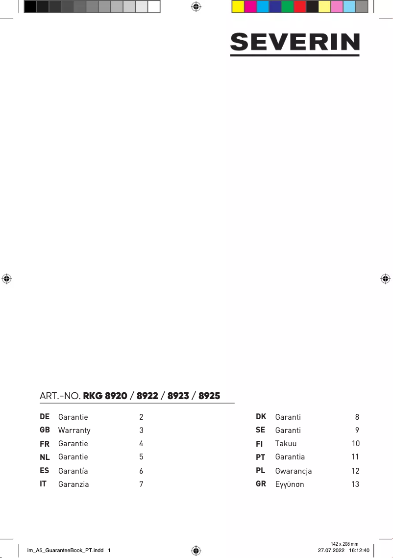 First page image of the manual for RKG 8922