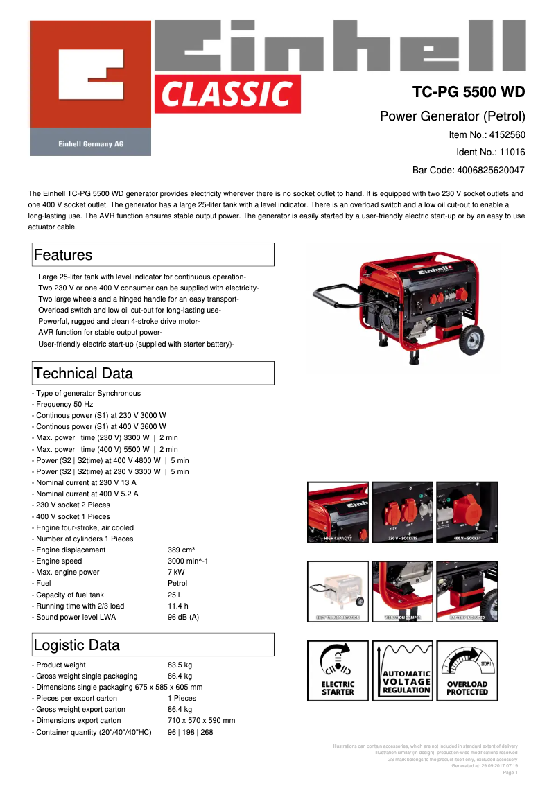 Page 1 of the manual Technical Sheet Einhell TC-PG 5500 WD
