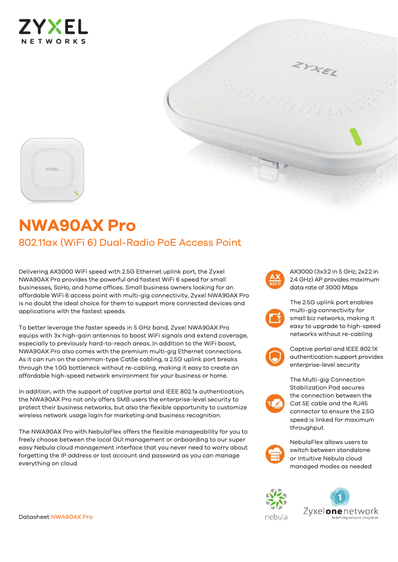 Page 1 de la notice Fiche technique ZyXEL NWA90AX PRO