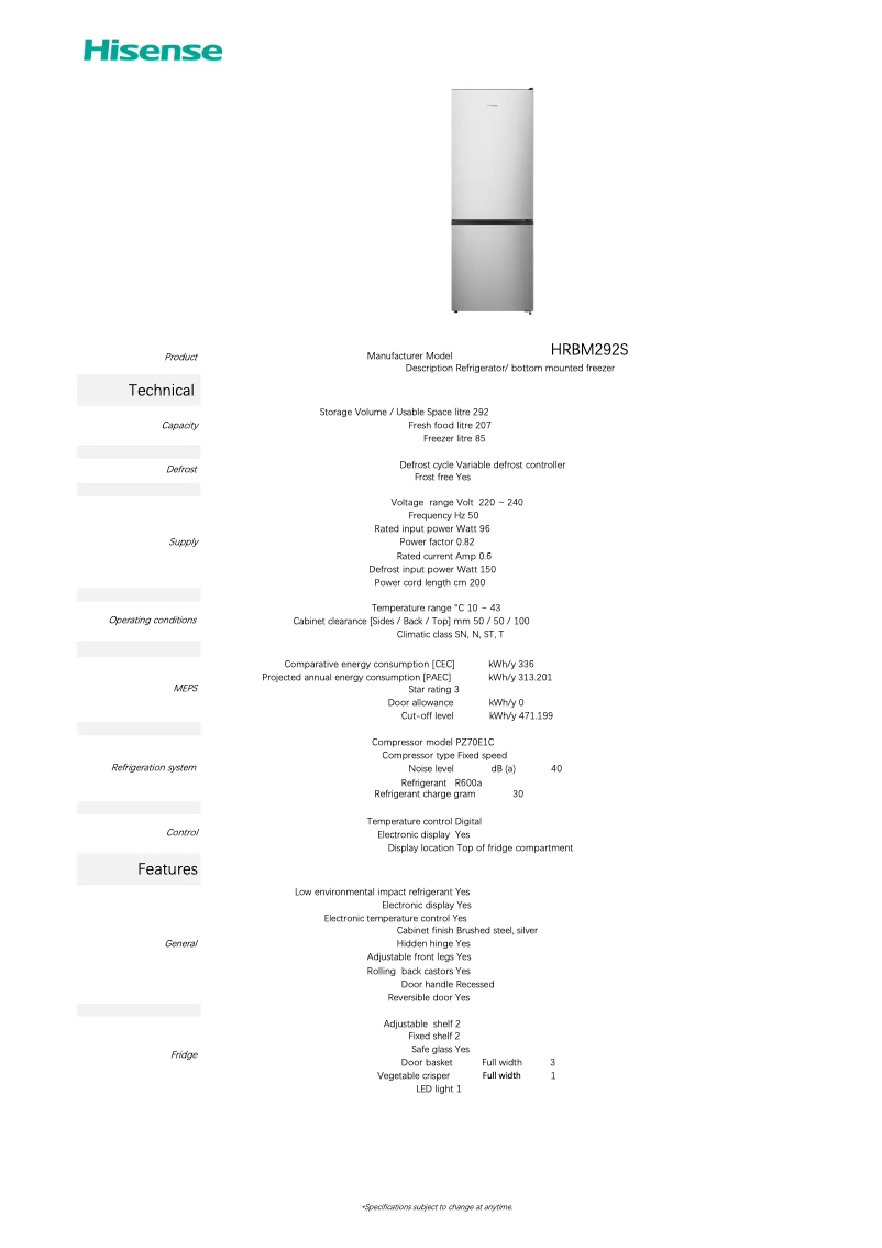 First page image of the manual for HRBM292S