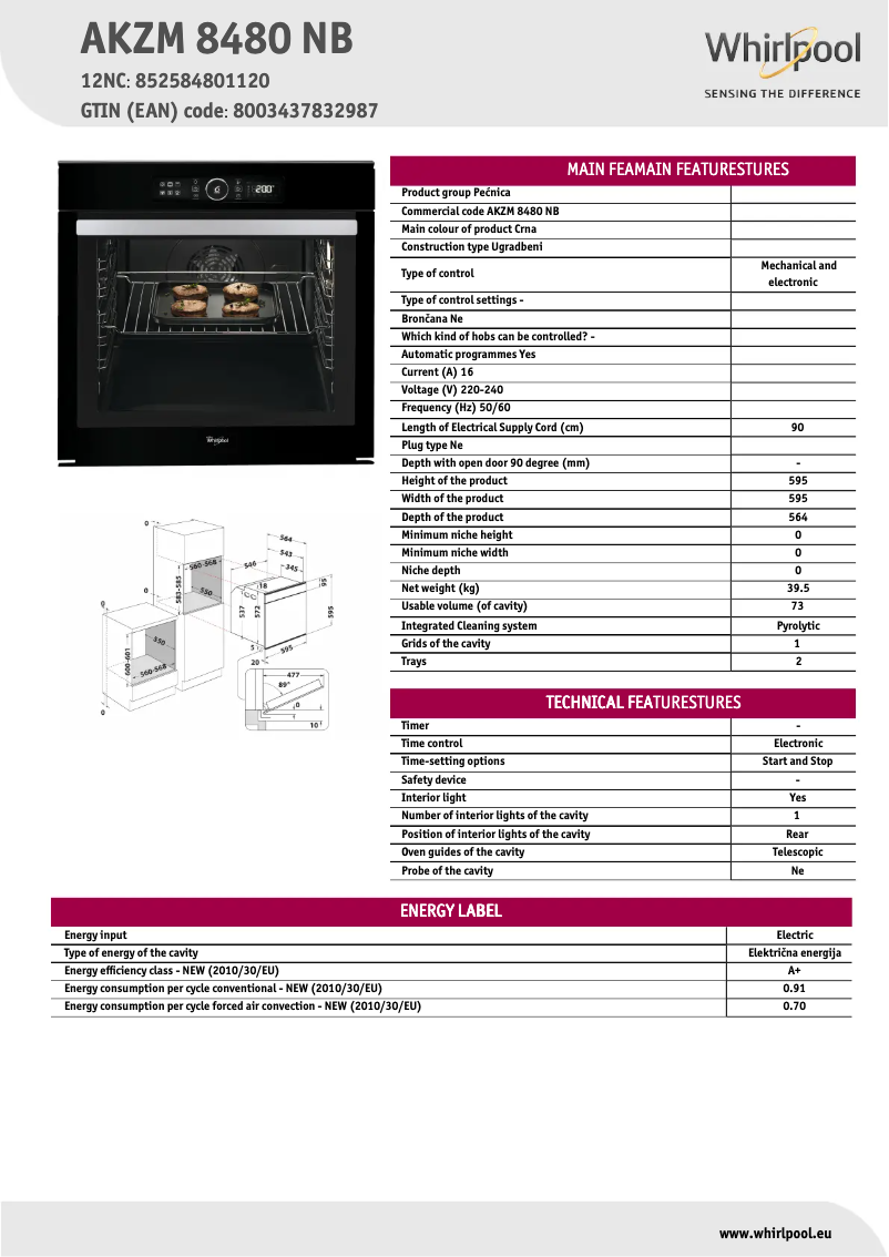 Page 1 of the manual Technical Sheet Whirlpool AKZM 8480 NB