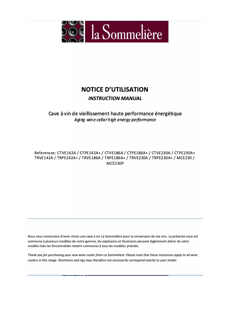 First page image of the manual for TRVE230A