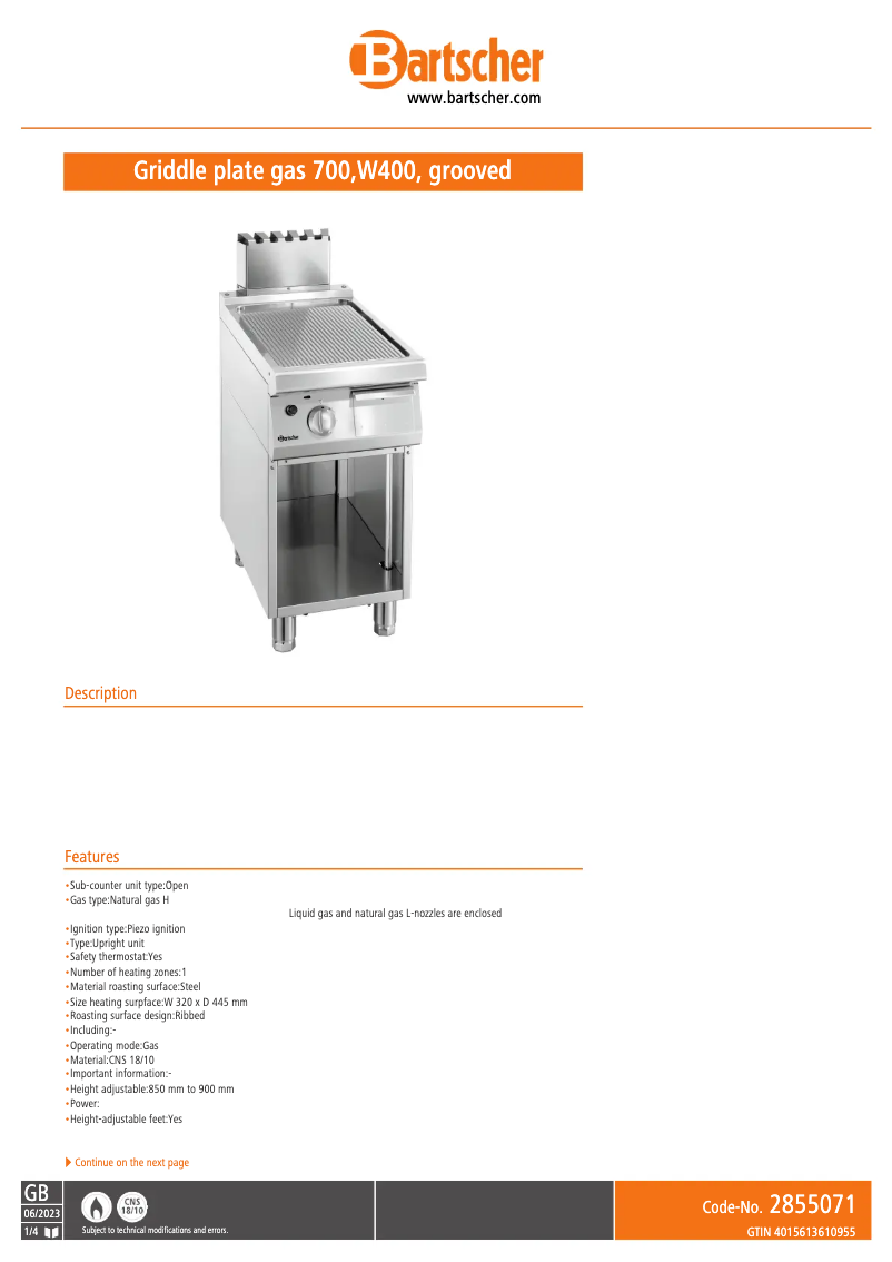 Page 1 of the manual Technical Sheet Bartscher 2855071