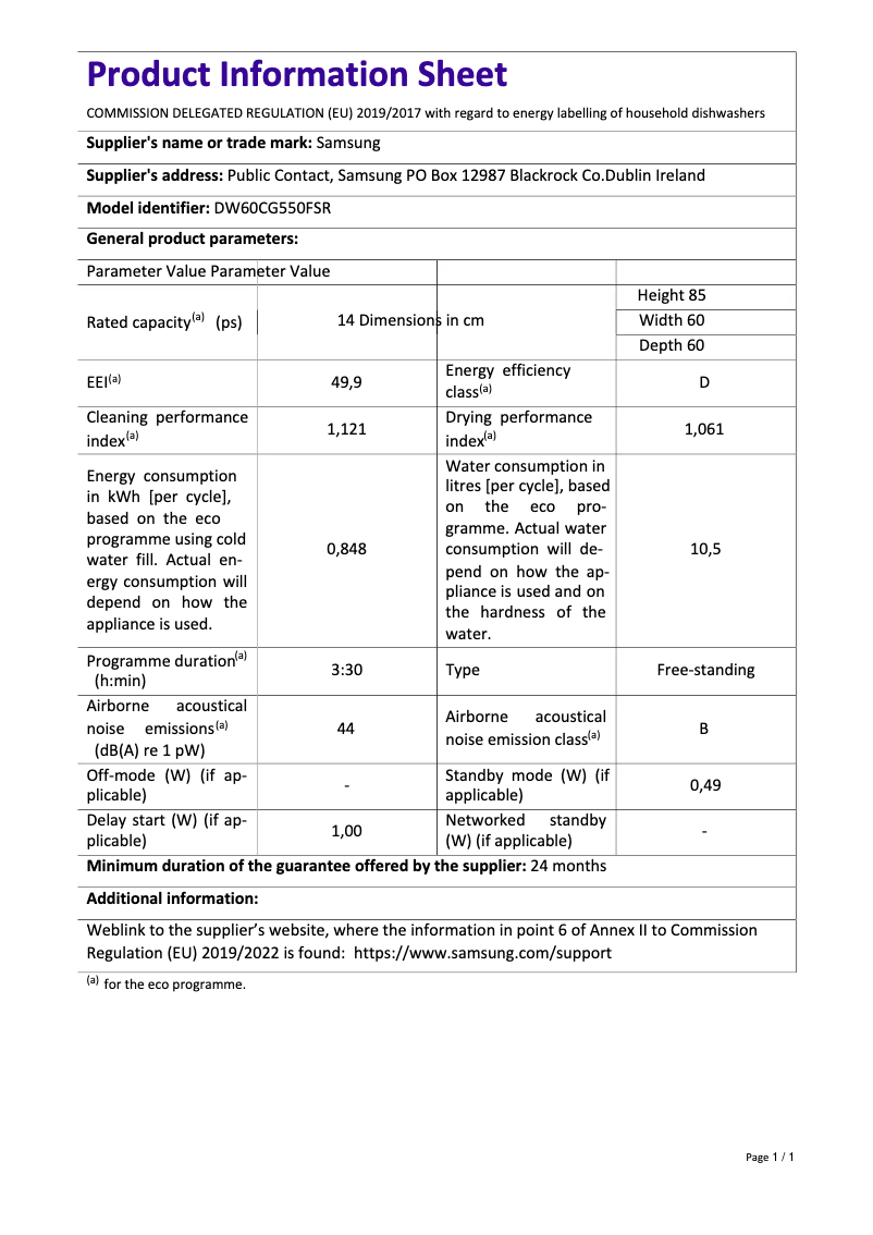 Page 1 of the manual Technical Sheet Samsung DW60CG550FSR