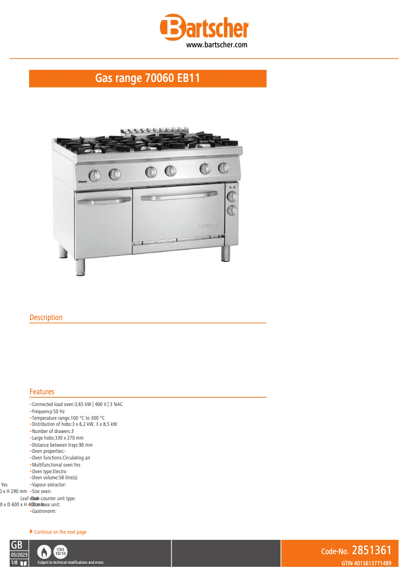 Page 1 of the manual Technical Sheet Bartscher 2851361