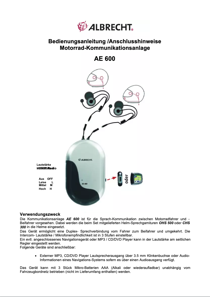 First page image of the manual for Albrecht AE600