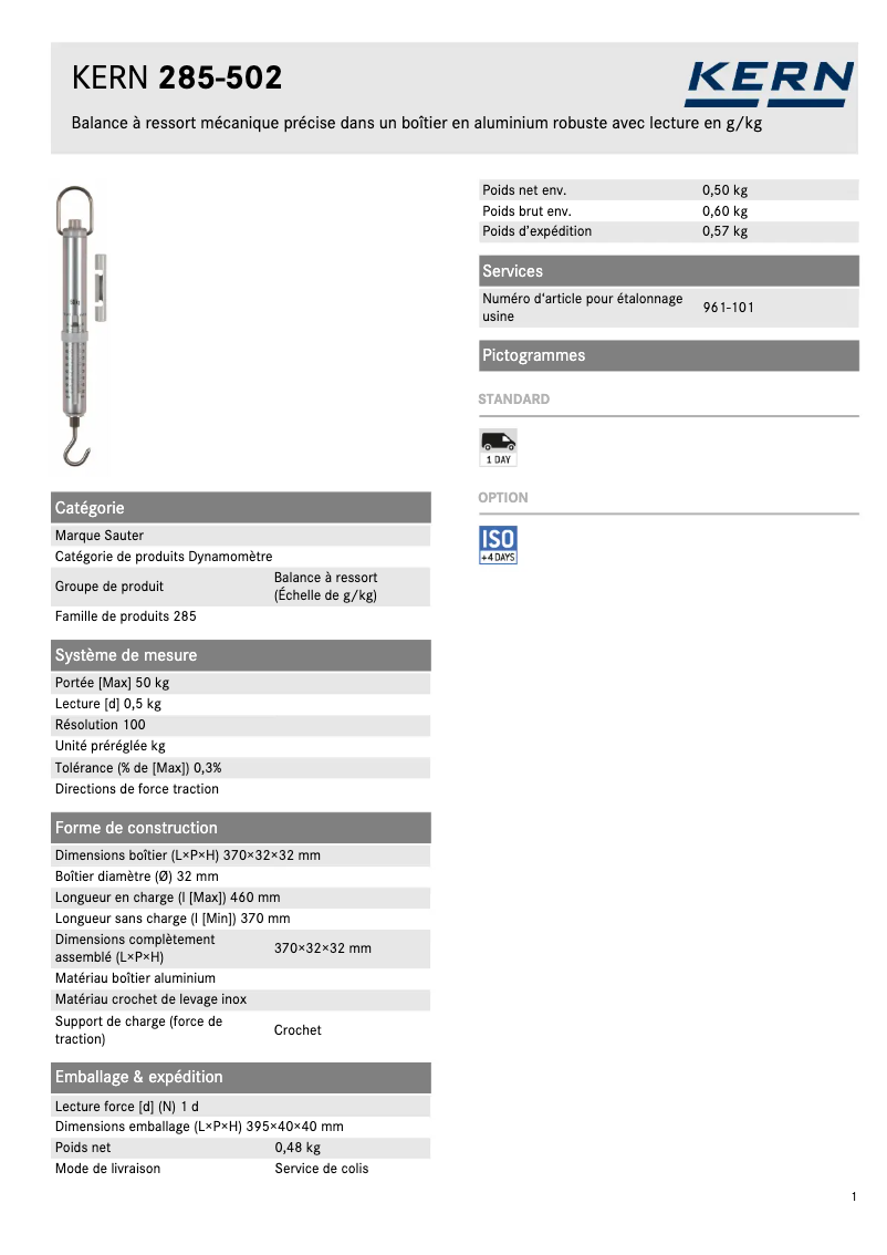 Page 1 of the manual Technical Sheet Kern 285-502
