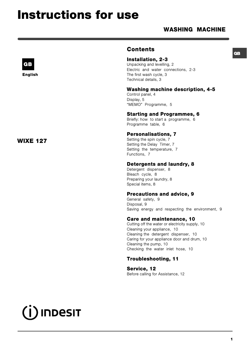 Page 1 of the manual User Manual Indesit WIXE 127 (UK) (V)