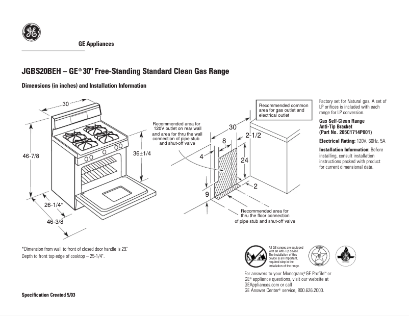 Page 1 of the manual Technical Sheet GE JGBS20BEHCT
