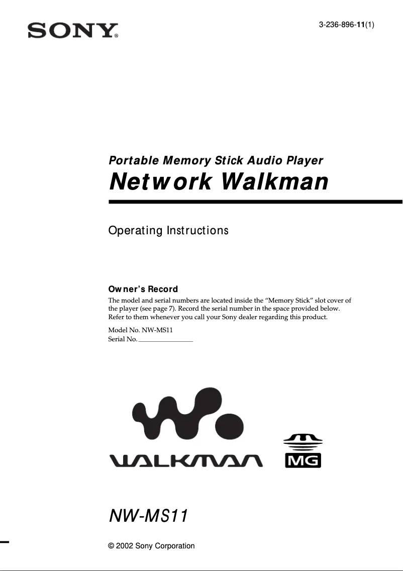 Page 1 of the manual User Manual Sony Walkman NW-MS11