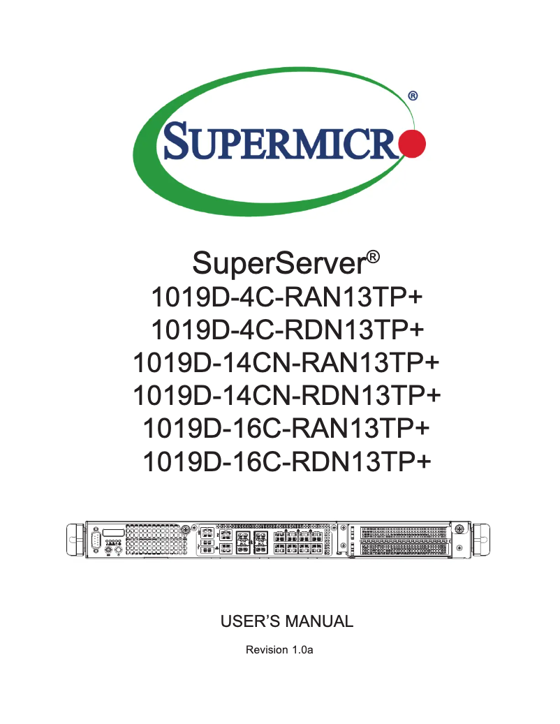 First page image of the manual for SuperServer 1019D-16C-RDN13TP+