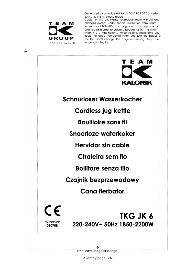 First page image of the manual for TKG JK 6