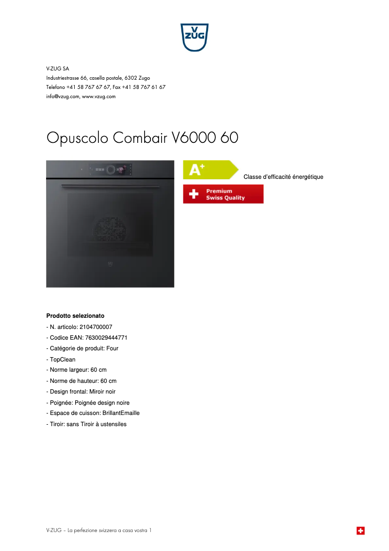 Page 1 of the manual Brochure V-Zug Combair V6000 60