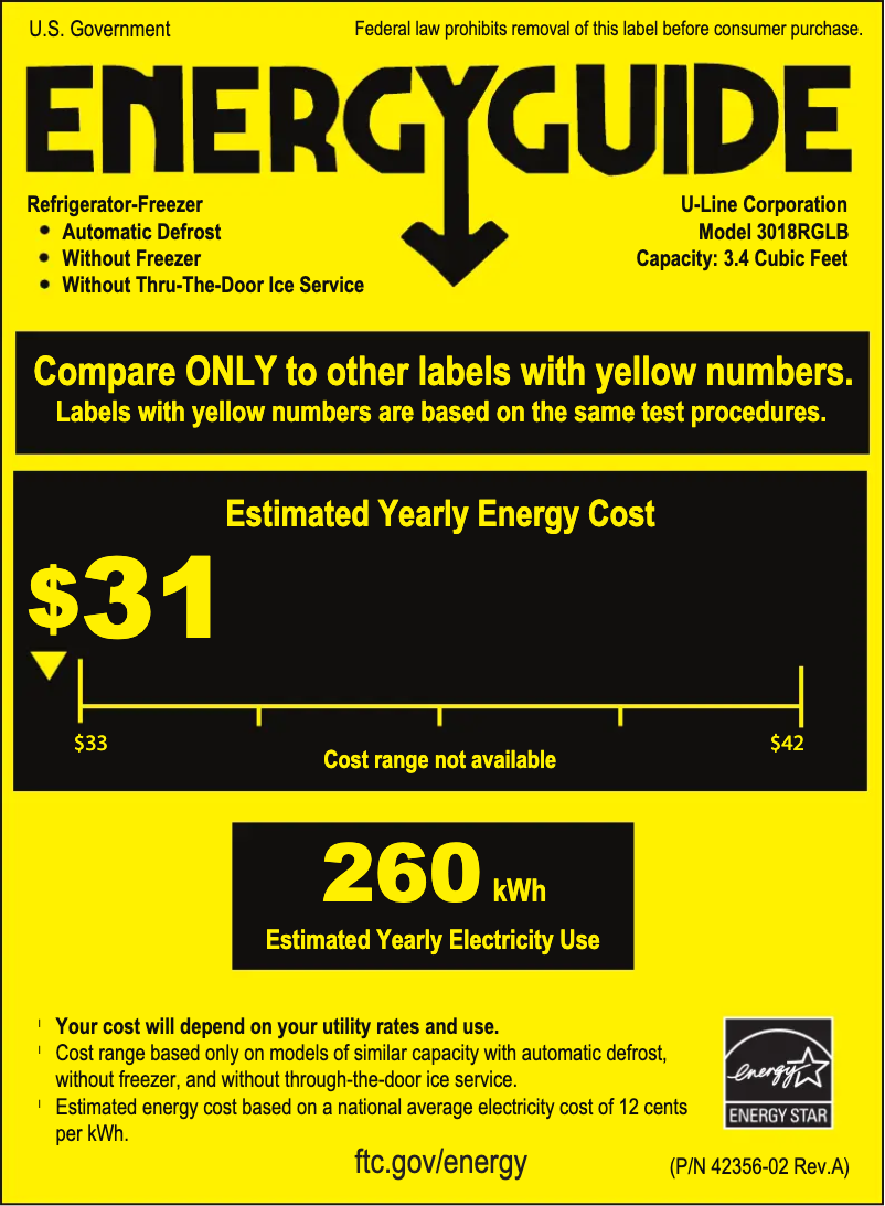 Page 1 of the manual Energy Label U-Line U-3018RGL15B