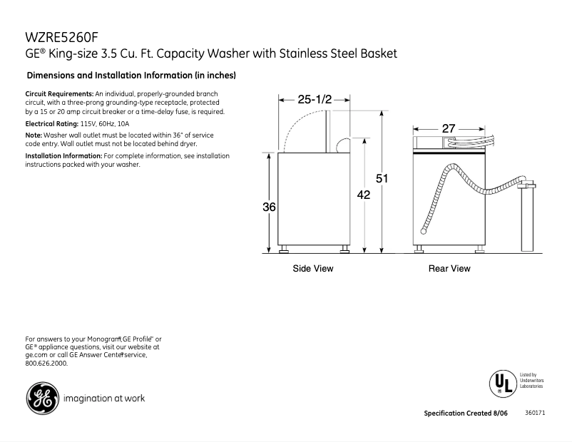 Page 1 of the manual Technical Sheet GE WZRE5260FGG