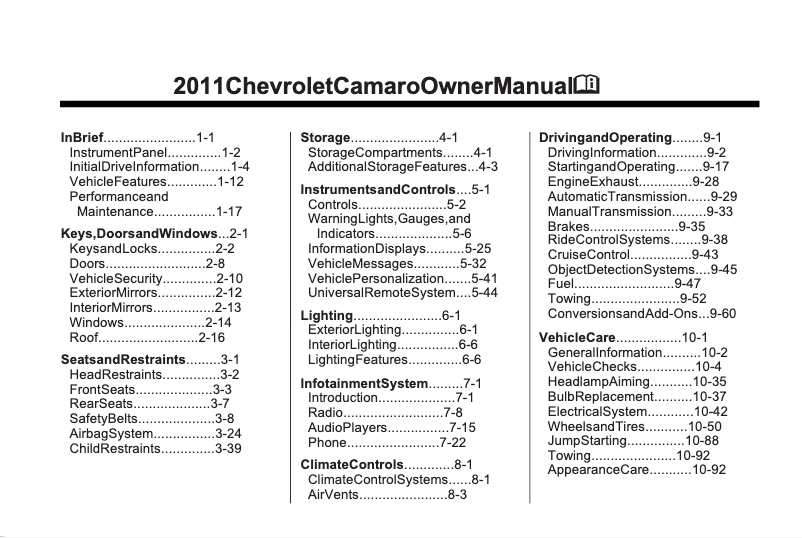 Page 1 of the manual User Manual Chevrolet Camaro (2011)