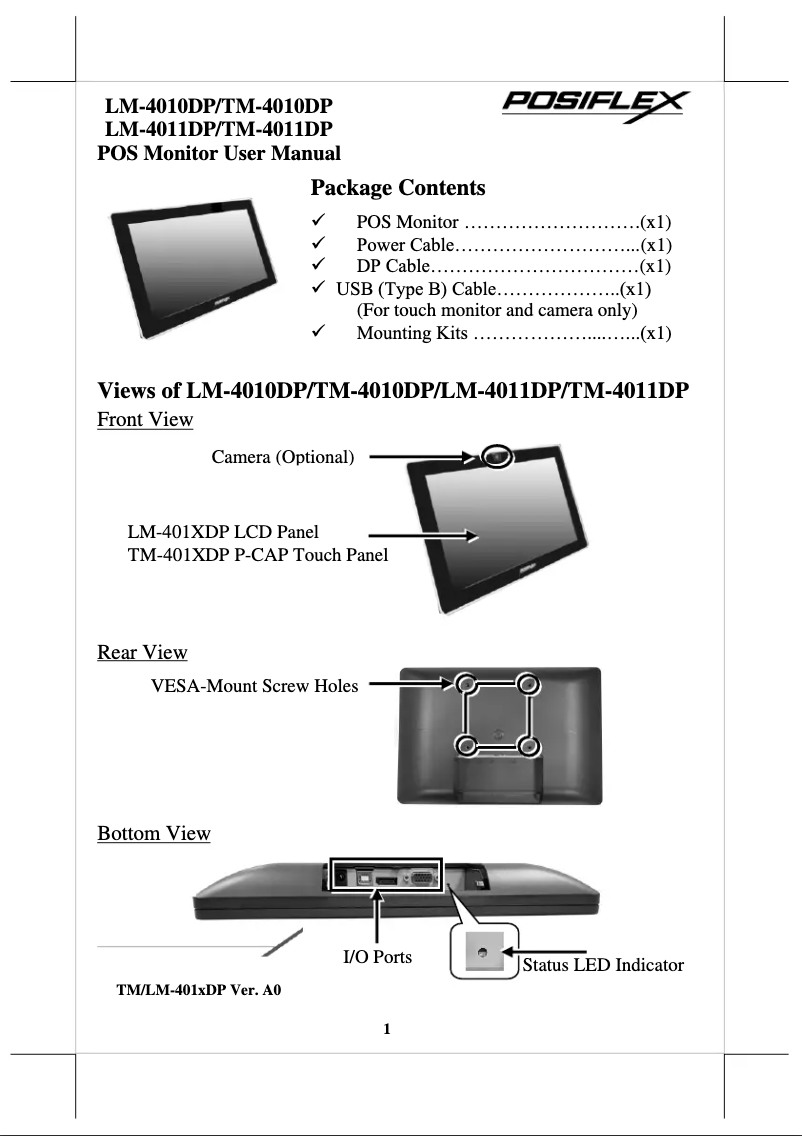 Page 1 de la notice Manuel utilisateur Posiflex TM-4011DP