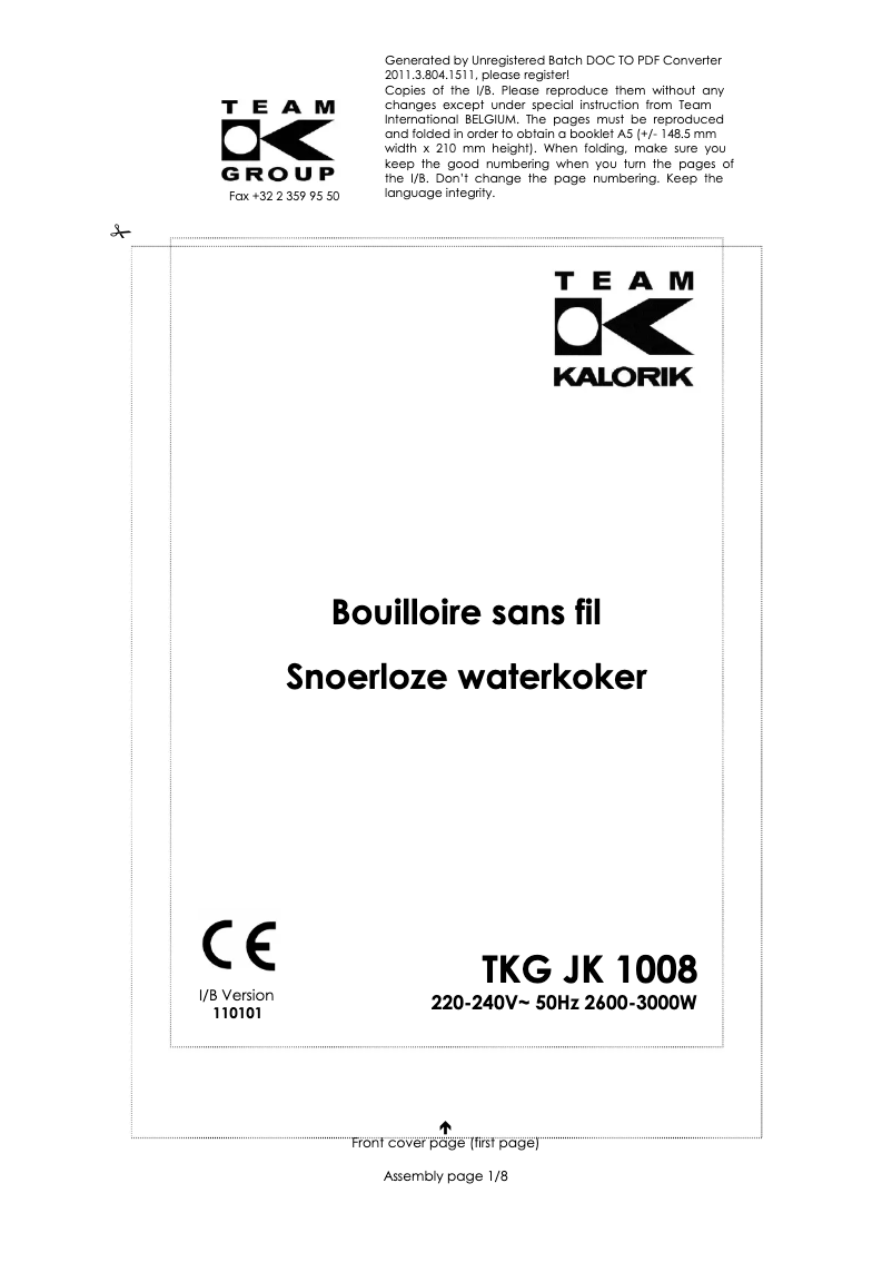 Page 1 of the manual User Manual Kalorik TKG JK 1008