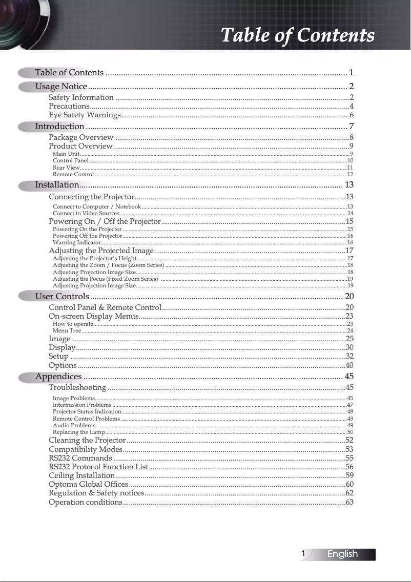 Page 1 of the manual User Manual Optoma EX530