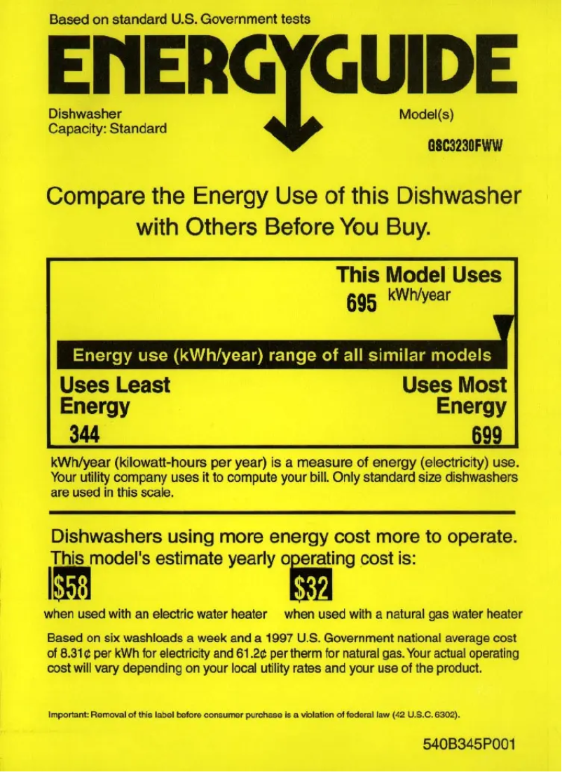 Page 1 of the manual Energy Label GE GSC3230FWW